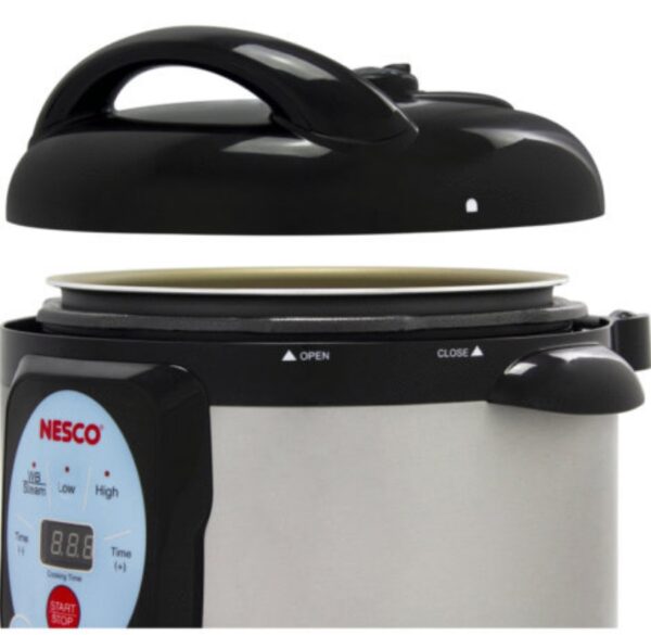 9.5 qt Digital Smart Pressure Canner & Cooker NESCO Designed for pressure canning, pressure cooking, steam cooking, and slow cooking Multiple built-in safety features control and regulate the pressure continuously and allow you to can and cook without worry The safety lock lid with automatic float valve ensures that the lid fits correctly and identifies when pressure is present The durable stainless steel body is lightweight and has side handles for safe handling The removable 9.5 qt non-stick cooking chamber is dishwasher safe and can hold and process four Quart, five Pint, or sixteen 4 oz Jelly jars at a time Includes canning rack, steam rack, and removable condensation catcher Item measures 17 in L x 17 in W x 18 in H Weight: Approximately: 20 pounds