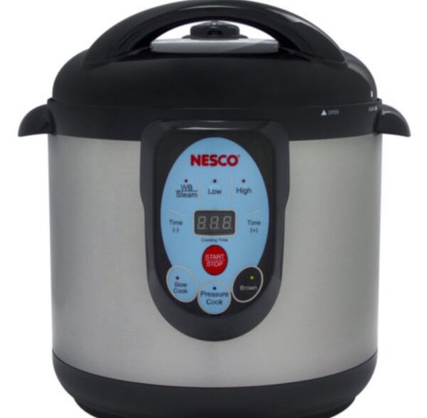 9.5 qt Digital Smart Pressure Canner & Cooker NESCO Designed for pressure canning, pressure cooking, steam cooking, and slow cooking Multiple built-in safety features control and regulate the pressure continuously and allow you to can and cook without worry The safety lock lid with automatic float valve ensures that the lid fits correctly and identifies when pressure is present The durable stainless steel body is lightweight and has side handles for safe handling The removable 9.5 qt non-stick cooking chamber is dishwasher safe and can hold and process four Quart, five Pint, or sixteen 4 oz Jelly jars at a time Includes canning rack, steam rack, and removable condensation catcher Item measures 17 in L x 17 in W x 18 in H Weight: Approximately: 20 pounds