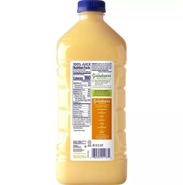 Naked Juice Pina Colada Includes 1 (64oz) bottle of Naked Juice, Pina Colada flavor Sunkissed pineapple, sweet apple, ripe banana, creamy coconut milk & juicy orange form an irresistible, island-inspired blend. Drink umbrella optional. Non-GMO Project Verified No Sugar Added. Contains: Does Not Contain Any of the 8 Major Allergens Features: No Added Sugar, No Preservatives Dietary Needs: Gluten Free, Vegan, Kosher, Non-GMO Project Verified, Certified Gluten Free