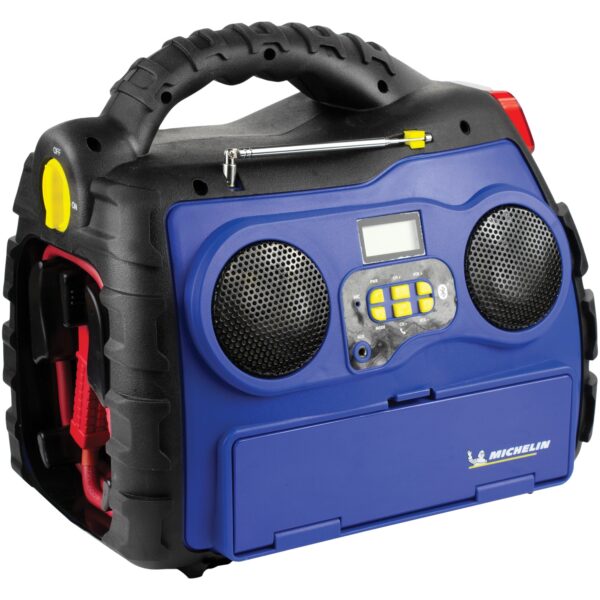 Michelin Multifunction Portable Power Station XR1 1,000 peak amps 300 cranking amps Bluetooth connection 12V sealed lead-acid battery Jumpstarting protection: antisparking (via safety switch) 8-gauge 40″ jumper cable 260psi air compressor with 24″ hose Analog pressure gauge Air compressor protection: high temperature automatic shutdown 200W AC continuous (400W peak surge) power inverter Two 110V, 60HZ AC outlets Built-in external fuse (replaceable) protects inverter Fuse: 25A DC socket: 12V, 10A max with auto circuit breaker USB power port: 5V, 2.1A 3.5mm aux audio input AM/FM radio 30-lumen LED work light LED voltmeter Resilient, high-impact plastic case with rubber tire tread armor Charging time, AC: 48 hours; DC: 12 hours Dimensions: 11″H x 12″W x 8.3″D Weight: 16.4lbs Includes air hose nozzle adapter tips & 12V & AC charging adapters