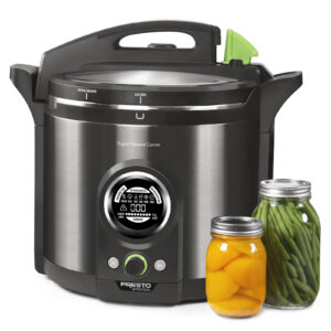 12 qt Precise Digital Pressure Canner Presto First digital canner that meets USDA guidelines for safely processing. Black stainless steel. 12 qt liquid capacity Cover locking system Temperature sensor Removable pot Canning rack Automated for simple home canning Easy-to-use digital interface guides you through the canning process step by step Preheat jars and keeps them hot until each jar is filled with food and ready to process Doubles as a boiling water canner for preserving fruits, jams, jellies, pickles and salsa 120 volts Includes instruction/recipe book and quickstart guide 1-year limited manufacturer's warranty Weight: Approximately: 22 pounds