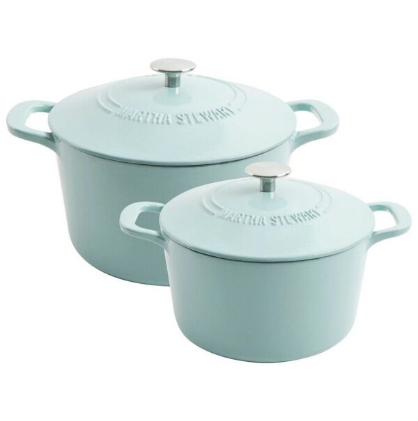 4-Quart and 7-Quart Enamel on Cast Iron Dutch Ovens 1 Set Martha Stewart Two sizes: 4-quart and 7-quart Dutch ovens Versatile and durable Retains heat evenly Wide handle to transport from oven to table or oven to stovetop Nonstick and low maintenance Durable cast-iron construction retains heat evenly Vibrant enamel surface resists stains and cleans easily Oven safe Perfect for slow simmers, roasts, casseroles, bread and more Wide handles allow easy transport 2-pack set includes 4-quart and 7-quart Dutch ovens with Lids Great for oven-to-table meals Hand wash recommended Dimensions : 15.98 x 13.39 x 17.36 inches Weight: 29.65lbs.