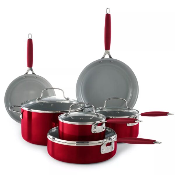 Food Network™ 10-pc. Nonstick Ceramic Cookware Set Durable, two-layer ceramic coating for easy release Tempered glass lids seal in moisture and flavor Comfortable stay-cool silicone handles Electric, gas and glass cooktop safe PFOA-free 1.5-qt. covered saucepan 2.5-qt. covered saucepan 3-qt. covered saute pan 6-qt. covered stockpot 8-in. skillet 10-in. skillet Aluminum, silicone, glass, ceramic Hand wash Oven safe up to 350°F (without lids) Safe for use with nylon, silicone and wood utensils Not safe for use with metal utensils