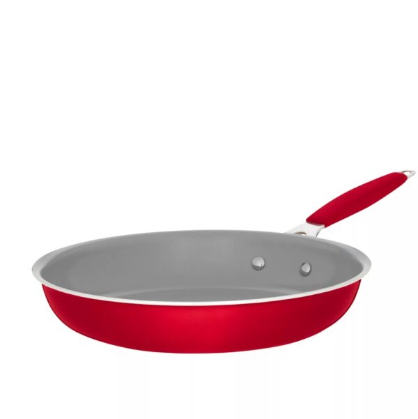 Food Network™ 10-pc. Nonstick Ceramic Cookware Set Durable, two-layer ceramic coating for easy release Tempered glass lids seal in moisture and flavor Comfortable stay-cool silicone handles Electric, gas and glass cooktop safe PFOA-free 1.5-qt. covered saucepan 2.5-qt. covered saucepan 3-qt. covered saute pan 6-qt. covered stockpot 8-in. skillet 10-in. skillet Aluminum, silicone, glass, ceramic Hand wash Oven safe up to 350°F (without lids) Safe for use with nylon, silicone and wood utensils Not safe for use with metal utensils