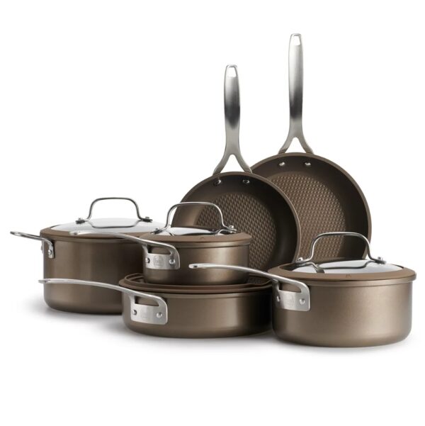 Food Network™ 10-pc. Textured Titanium Nonstick Cookware Set Features a diamond-shaped textured surface along with 2-coats of nonstick for excellent browning, food release and cleanup. Durable aluminum construction for fast and even heating; suitable for all stove tops except induction. Double-riveted stainless steel handles provide a strong and secure grip. Silicone-rimmed tempered glass lids allow you to monitor your food during the cooking process. 1.5-qt. sauce pan with lid 3-qt. sauce pan with lid 3-qt. saute pan with lid 6-qt. Dutch oven with lid 8-in. frypan 10-in. frypan Aluminum Dishwasher safe Oven safe to 350°F