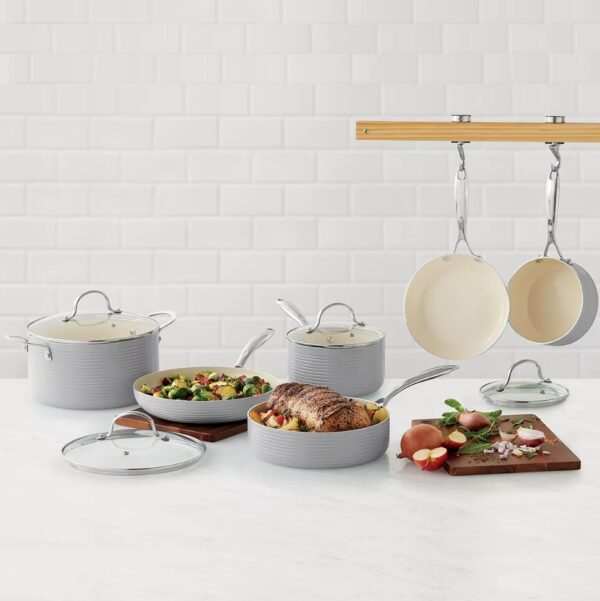 Food Network™ light blue Farmstead 10-pc. Nonstick Ceramic Cookware Set Titanium-infused ceramic nonstick coating is PFOA and PTFE-Free Forged aluminum sides and base for increased strength and durability Tempered glass lids allow you to monitor your food without disturbing the cooking process Safe for use on gas, electric and glass/ceramic cooktops 1.5-qt. covered saucepan 2.5-qt. covered saucepan 3-qt. covered saute pan 6-qt. covered Dutch oven 8-in. open frypan 10-in. open frypan Aluminum, ceramic