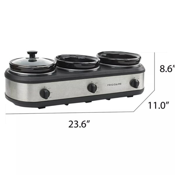 Frigidaire Stainless Steel Triple Slow Cooker Low, high and warm settings Individual temperature controls heat each pot Tempered glass lids lock in heat and moisture Non-skid feet add stable use Three 2.5-quart oval-shaped stoneware pots Individual temperature controls: Off/Low/High and Warm Removable stoneware pot for easy serving Tempered glass lid/stainless-steel housing This Frigidaire 3 x 2.5-Quart Triple Slow Cooker makes multiple-course meals with ease. It features individual temperature controls and removable stoneware pots. Serve your meal with the serving spoons and put the stoneware pots in the dishwasher for easy cleaning.