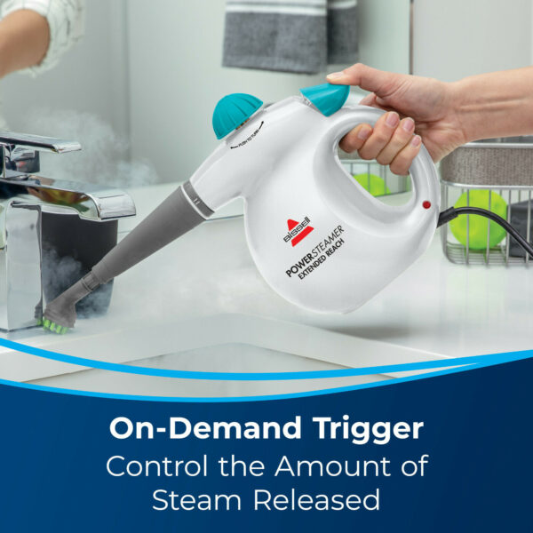 Hand Held Steamer Cleaner with accessories BISSELL This Steamer Cleaner uses high pressure steam to clean tough messes without using harsh chemicals. Includes cleaning tools and accessories to clean a variety of surfaces. Powerful, high-pressure steam Steam on-demand trigger allows you to control the amount of steam used to clean Completely chemical-free with no harmful fumes or residue Includes: accessory nozzle, extension hose, flat scraping tool, grout brush, angle concentrator and detail brush