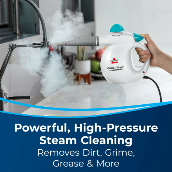 Hand Held Steamer Cleaner with accessories BISSELL This Steamer Cleaner uses high pressure steam to clean tough messes without using harsh chemicals. Includes cleaning tools and accessories to clean a variety of surfaces. Powerful, high-pressure steam Steam on-demand trigger allows you to control the amount of steam used to clean Completely chemical-free with no harmful fumes or residue Includes: accessory nozzle, extension hose, flat scraping tool, grout brush, angle concentrator and detail brush