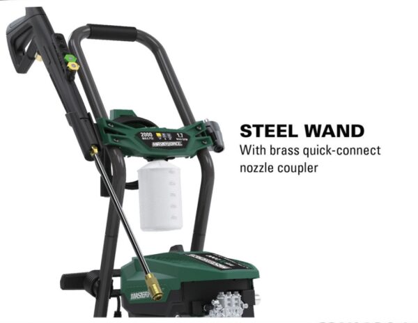 Masterforce® 2000 PSI 1.7 GPM 13-Amp Corded Electric Pressure Washer Maxing at 2,000 PSI and 1.7 GPM, the Masterforce® pressure washer offers incredible versatility in your cleaning applications. The durable universal motor and Total Stop System (TSS) makes it quieter and offers a longer life expectancy. Included in the package are two quick-connect nozzles: 15 degree and rotary. Also included is a high-pressure foam cannon that allows for long distance soap coverage and better results than water alone. Universal motor High-pressure foam cannon Low profile Onboard storage 2 quick-connect nozzles, including a rotary nozzle for hard surfaces, plus a foam cannon attachment 3-year warranty 35' power cord Total Stop System (TSS) - motor runs only when trigger is pulled