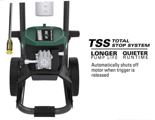 Masterforce® 2000 PSI 1.7 GPM 13-Amp Corded Electric Pressure Washer Maxing at 2,000 PSI and 1.7 GPM, the Masterforce® pressure washer offers incredible versatility in your cleaning applications. The durable universal motor and Total Stop System (TSS) makes it quieter and offers a longer life expectancy. Included in the package are two quick-connect nozzles: 15 degree and rotary. Also included is a high-pressure foam cannon that allows for long distance soap coverage and better results than water alone. Universal motor High-pressure foam cannon Low profile Onboard storage 2 quick-connect nozzles, including a rotary nozzle for hard surfaces, plus a foam cannon attachment 3-year warranty 35' power cord Total Stop System (TSS) - motor runs only when trigger is pulled