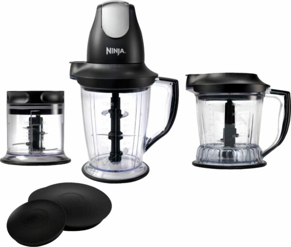 Ninja Master Prep Food Processor Interchangeable 450-watt power pod 48-oz. pitcher for frozen blending and smoothies 40-oz. bowl for food processing and meal preparation 16-oz. chopper bowl for even chopping All jars include convenient storage lids, are dishwasher safe and are BPA free WHAT'S INCLUDED: 450-Watt Power Pod 16-oz. Chopper Bowl 40-oz. Processor Bowl 48-oz. Pitcher Three Splash Guards Three Storage Lids