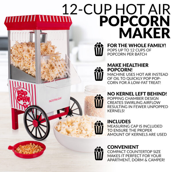 Nostalgia OFP521 Old Fashioned Hot Air Popcorn Maker is a wonderfully designed replica of the old-fashioned, street-corner popcorn stands of the early 1900s and is a table-top sized party pleaser. In just minutes, family and friends can enjoy the taste of freshly popped popcorn! Its electric popping system uses hot air instead of oil, producing a light and healthy snack. Enjoy the fresh taste of hot popcorn in minutes! Quick & easy: With just a push of a button, this unit pops up to 12-cups of healthy, air-popped popcorn per batch - perfect for parties, large group gatherings, or a family movie night in Works with nostalgia kits: Perfect for use with all nostalgia popcorn kits (theater hot air kit- kpk400, reusable popcorn bowls- ppb600) Healthier popcorn: The machine uses hot air instead of oil to quickly pop 12 cups of hot and fresh popcorn for a delicious low-fat treat Includes: Measuring cap is included to ensure the proper amount of kernels are used in each batch to avoid overfill No kernel left behind: The unique popping chamber design creates swirling airflow that results in fewer unpopped kernels Convenient countertop size: Compact unit makes it perfect for apartments, dorms, and campers Assembled Product Dimensions (L x W x H) 9.00 x 7.50 x 16.50 Inches