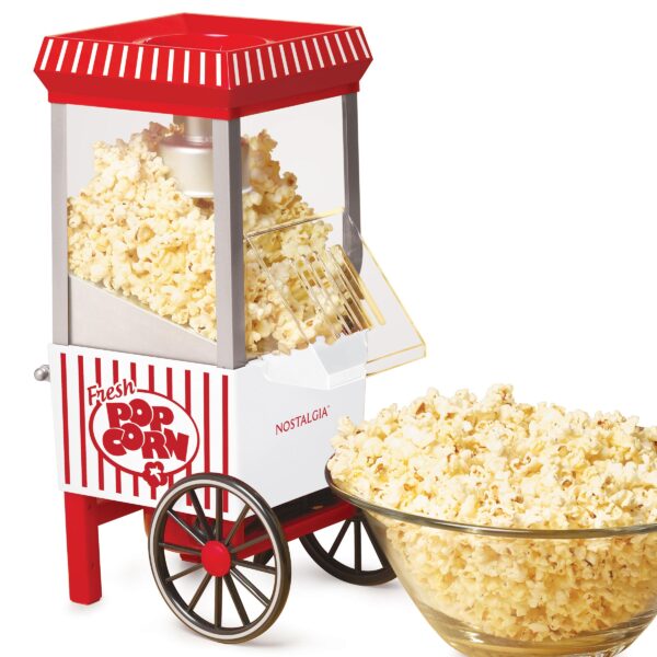 Nostalgia OFP521 Old Fashioned Hot Air Popcorn Maker is a wonderfully designed replica of the old-fashioned, street-corner popcorn stands of the early 1900s and is a table-top sized party pleaser. In just minutes, family and friends can enjoy the taste of freshly popped popcorn! Its electric popping system uses hot air instead of oil, producing a light and healthy snack. Enjoy the fresh taste of hot popcorn in minutes! Quick & easy: With just a push of a button, this unit pops up to 12-cups of healthy, air-popped popcorn per batch - perfect for parties, large group gatherings, or a family movie night in Works with nostalgia kits: Perfect for use with all nostalgia popcorn kits (theater hot air kit- kpk400, reusable popcorn bowls- ppb600) Healthier popcorn: The machine uses hot air instead of oil to quickly pop 12 cups of hot and fresh popcorn for a delicious low-fat treat Includes: Measuring cap is included to ensure the proper amount of kernels are used in each batch to avoid overfill No kernel left behind: The unique popping chamber design creates swirling airflow that results in fewer unpopped kernels Convenient countertop size: Compact unit makes it perfect for apartments, dorms, and campers Assembled Product Dimensions (L x W x H)  9.00 x 7.50 x 16.50 Inches