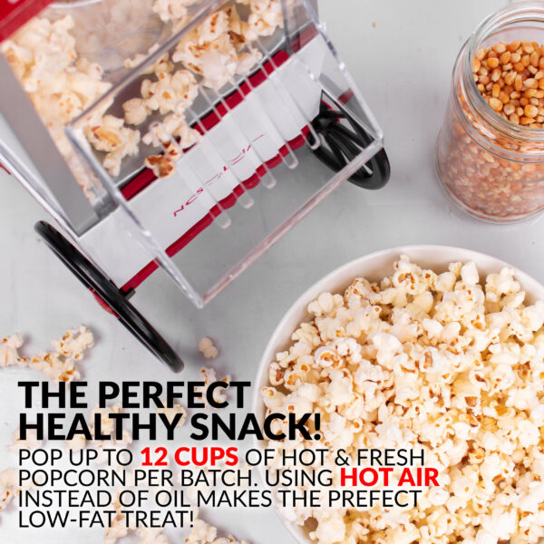 Nostalgia OFP521 Old Fashioned Hot Air Popcorn Maker is a wonderfully designed replica of the old-fashioned, street-corner popcorn stands of the early 1900s and is a table-top sized party pleaser. In just minutes, family and friends can enjoy the taste of freshly popped popcorn! Its electric popping system uses hot air instead of oil, producing a light and healthy snack. Enjoy the fresh taste of hot popcorn in minutes! Quick & easy: With just a push of a button, this unit pops up to 12-cups of healthy, air-popped popcorn per batch - perfect for parties, large group gatherings, or a family movie night in Works with nostalgia kits: Perfect for use with all nostalgia popcorn kits (theater hot air kit- kpk400, reusable popcorn bowls- ppb600) Healthier popcorn: The machine uses hot air instead of oil to quickly pop 12 cups of hot and fresh popcorn for a delicious low-fat treat Includes: Measuring cap is included to ensure the proper amount of kernels are used in each batch to avoid overfill No kernel left behind: The unique popping chamber design creates swirling airflow that results in fewer unpopped kernels Convenient countertop size: Compact unit makes it perfect for apartments, dorms, and campers Assembled Product Dimensions (L x W x H)  9.00 x 7.50 x 16.50 Inches