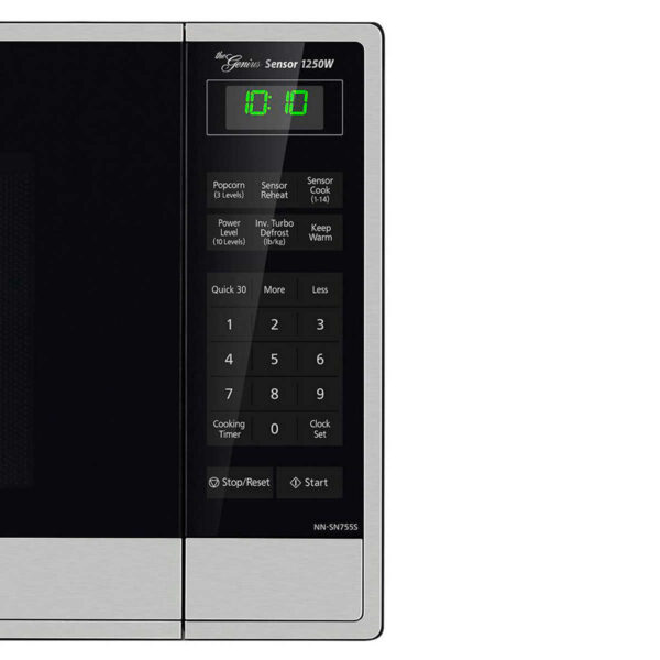 Panasonic 1.6CuFt Countertop Microwave with Genius Inverter Technology, NN-SN755S This sleek, stainless steel 1250W microwave oven by Panasonic makes a stylish and convenient addition to any contemporary kitchen. The 1.6-cubic-foot unit with a 15" turntable is ideal for busy professionals and on-the-go families, the microwave oven provides quick and easy meal preparation and matches with any kitchen décor. Panasonic's Inverter technology delivers even temperature cooking at any power level, which means that even at low power settings, your food will be cooked throughout. The consistent delivery of microwave energy allows delicate foods to simmer without the edges and surfaces overcooking, so foods have the look and taste you expect, without the wait.