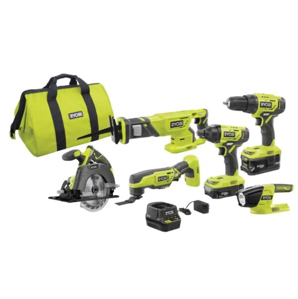 ryboi ONE+ 18V Lithium-Ion Cordless 6-Tool Combo Kit with (2) Batteries, Charger, and Bag RYOBI introduces the 18V ONE+ 6-Tool Combo Kit with Drill/Driver, Impact Driver, Reciprocating Saw, Circular Saw, Multi-Tool, Work Light, (1) 1.5 Ah Battery, (1) 4.0 Ah Battery, 18V Charger, and Bag. The Drill/Driver has a 1/2 in. heavy duty single sleeve keyless chuck with 24-position clutch to match your drilling and driving needs. The Impact Driver features a variable-speed trigger and 1,800 in./lbs. of torque for control and power. The Reciprocating Saw includes a variable speed trigger to provide more control while cutting a variety of materials. The Circular Saw has front pommel handle for 2-handed operation and a left side blade for better visibility. The Multi-Tool features a lock-on button and variable speed dial for superior ergonomics. The Work Light features an ergonomic design and 160 Lumens of light output. The 1.5 Ah and 4.0 Ah Batteries feature lithium-ion cells for longer overall life. The 18V Charger is compatible with all ONE+ Lithium-Ion Batteries. Best of all, this kit is part of the RYOBI ONE+ System of over 260 cordless tools that all work on the same battery platform. Backed by the RYOBI 3-Year Manufacturer's Warranty, the 18V ONE+ 6-Tool Combo Kit includes a drill/driver with screwdriver bit, an impact driver with bit, a reciprocating saw with blade, a circular Saw with blade, a multi-tool with accessories, a work light, 1.5 Ah and a 4.0 Ah battery, an 18V charger, a tool bag, and operator's manuals. Drill/Driver: 24-position clutch and 2-speed gearbox (0 - 450 RPM and 0 - 1,750 RPM) to match your drilling and driving needs Impact Driver: Delivers up to 1,800 in./lbs. of torque and 3200 IPM (impacts per minute) for the most demanding applications Reciprocating Saw: 1 in. Stroke Length and 3,400 SPM (Strokes per Minute) for up to 60% faster cutting (vs P514). Circular Saw: Compact design for better handling and front pommel handle for 2-handed operation Multi-Tool: Variable speed dial achieves 10,000-20,000 OPM for optimal control Work Light: Produces 160 Lumens of light output Batteries: Easily snaps into place and detaches with quick-release easy-access latches Charger: Compatible with RYOBI 18V ONE+ Lithium-Ion Batteries Part of the RYOBI 18V ONE+ System of over 260 cordless tools 3-year manufacturer's warranty Includes: (1) P215 18V ONE+ Drill/Driver with bit, (1) P235A 18V ONE+ Impact Driver with bit, (1) P519 18V ONE+ Reciprocating Saw with blade, (1) P505 18V ONE+ Circular Saw with blade and blade wrench, (1) P343 18V ONE+ Multi-Tool, (1) P705 18V ONE+ Work Light, (1) P189 18V ONE+ 1.5 Ah Battery, (1) P197 18V ONE+ 4.0 Ah High Capacity Battery, (1) P118B 18V ONE+ Charger, (1) Bag, and operator's manuals