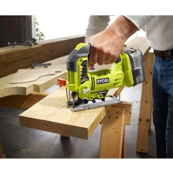 ryobi ONE+ 18V Lithium-Ion Cordless 7-1 4 in. Compound Miter Saw and Orbital Jig Saw (Tools Only) RYOBI introduces the 18V ONE+ Lithium-Ion Cordless 7-1/4 in. Compound Miter Saw and Orbital Jig Saw (Tools Only). The 18V ONE+ Lithium-Ion Cordless 7-1/4 in. Compound Miter Saw has a compact and lightweight design which is great for moving from jobsite to jobsite or for any DIY projects around your home. Its 2 in. x 4 in. cutting capacity and 4-1/4 in. cross cut capacity make it a great tool for any small project. With an adjustable 0°-45° level, you are not limited to 1 cut. The Cordless Orbital Jig Saw provides cutting performance equivalent to a corded jig saw with the portable convenience of battery power. The SPEEDMATCH selector improves cut quality by allowing you to match the speed and orbital settings. A variable-speed dial lets you select between 1100 and 3000 strokes per minute and RYOBIs innovative BladeSaver feature allows access to unused teeth with the adjustable base, extending the blade life. Best of all, it is part of the RYOBI ONE+ System of over 260 cordless tools that all work on the same battery platform. Backed by the RYOBI 3-Year Manufacturer's Warranty, this kit includes an 18V ONE+ Lithium-Ion Cordless 7-1/4 in. Compound Miter Saw with a 24-tooth carbide-tipped blade, blade wrench, dust bag, and work clamp, an 18V ONE+ Cordless Orbital Jig Saw with a wood cutting blade, an Allen wrench, and an operator's manual. Battery and charger sold separately. Orbital Jig Saw: Powerful motor provides corded performance in a battery-operated tool with speed range from 1100 SPM to 3000 SPM Orbital Jig Saw: Innovative BladeSaver feature extends blade life, allowing access to unused teeth with adjustable base Orbital Jig Saw: SPEEDMATCH Selector matches cut speed and type to any application correctly with orbital and non-orbital settings Orbital Jig Saw: Tool-free blade clamp makes blade changes quick and easy Orbital Jig Saw: Powerful sight-line blower clears debris for more accurate cutting Orbital Jig Saw: Base adjusts from 0° to 45° right or left Orbital Jig Saw: Flat front and narrow side design for best sight-line Part of the RYOBI 18V ONE+ System of over 260 cordless tools