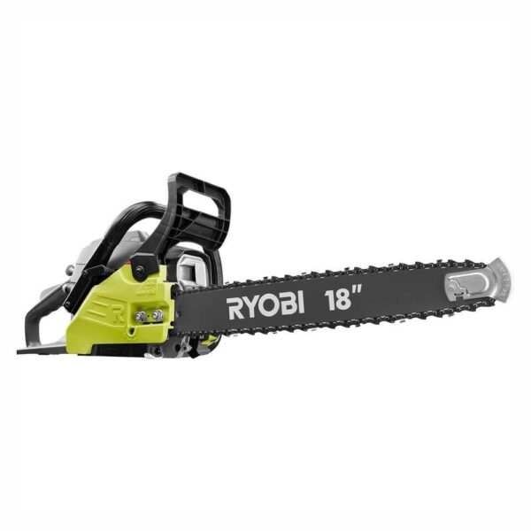 18 in. 38cc 2-Cycle Gas Chainsaw with Heavy Duty Case RYOBI With its powerful 38cc engine, you can trust the RYOBI 18 in. 2-Cycle Chainsaw to get the job done fast. This saw features an anti-vibe handle to provide added stability and comfort while in use. As an additional safeguard, it has an inertia-activated chain brake to stop the chain automatically and a SAFE-T-TIP bar to protect against rotational kickback. Servicing is made easy by the tool-less air filter cover and side-access chain tensioner. The adjustable automatic oiler will ensure a longer bar and chain life. With its durable carrying case, transport and off-season storage are simple and convenient. The smooth operation and 3-year warranty make the RYOBI 18 in. 2-Cycle Chainsaw the ideal choice for tackling a variety of cutting jobs. Powerful 38cc engine Anti-vibe handle for increased comfort Inertia-activated chain brake Safe-t-tip bar protects against rotational kickback Adjustable automatic oiler and side-access chain tensioner Includes a carrying case for transport and storage Backed by a 3-year limited warranty