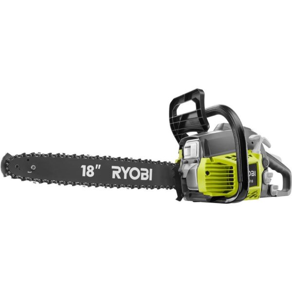 18 in. 38cc 2-Cycle Gas Chainsaw with Heavy Duty Case RYOBI With its powerful 38cc engine, you can trust the RYOBI 18 in. 2-Cycle Chainsaw to get the job done fast. This saw features an anti-vibe handle to provide added stability and comfort while in use. As an additional safeguard, it has an inertia-activated chain brake to stop the chain automatically and a SAFE-T-TIP bar to protect against rotational kickback. Servicing is made easy by the tool-less air filter cover and side-access chain tensioner. The adjustable automatic oiler will ensure a longer bar and chain life. With its durable carrying case, transport and off-season storage are simple and convenient. The smooth operation and 3-year warranty make the RYOBI 18 in. 2-Cycle Chainsaw the ideal choice for tackling a variety of cutting jobs. Powerful 38cc engine Anti-vibe handle for increased comfort Inertia-activated chain brake Safe-t-tip bar protects against rotational kickback Adjustable automatic oiler and side-access chain tensioner Includes a carrying case for transport and storage Backed by a 3-year limited warranty