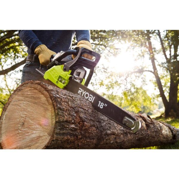 18 in. 38cc 2-Cycle Gas Chainsaw with Heavy Duty Case RYOBI With its powerful 38cc engine, you can trust the RYOBI 18 in. 2-Cycle Chainsaw to get the job done fast. This saw features an anti-vibe handle to provide added stability and comfort while in use. As an additional safeguard, it has an inertia-activated chain brake to stop the chain automatically and a SAFE-T-TIP bar to protect against rotational kickback. Servicing is made easy by the tool-less air filter cover and side-access chain tensioner. The adjustable automatic oiler will ensure a longer bar and chain life. With its durable carrying case, transport and off-season storage are simple and convenient. The smooth operation and 3-year warranty make the RYOBI 18 in. 2-Cycle Chainsaw the ideal choice for tackling a variety of cutting jobs. Powerful 38cc engine Anti-vibe handle for increased comfort Inertia-activated chain brake Safe-t-tip bar protects against rotational kickback Adjustable automatic oiler and side-access chain tensioner Includes a carrying case for transport and storage Backed by a 3-year limited warranty