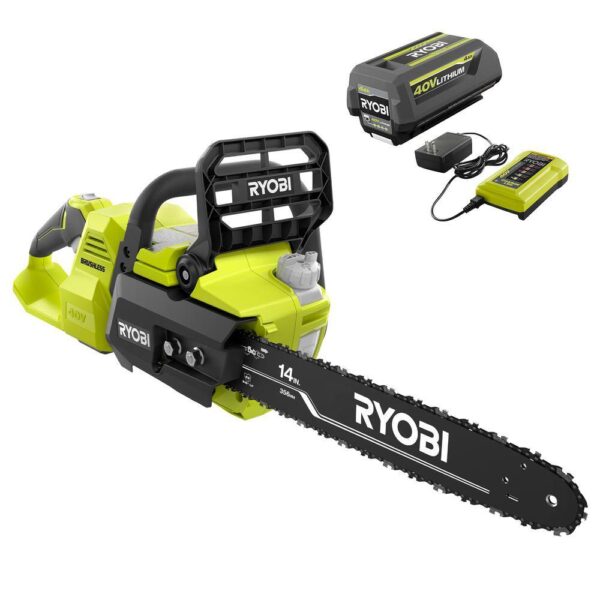 40V Brushless 14 in. Cordless Battery Chainsaw with 4.0 Ah Battery and Charger Ryobi If you've wondered whether a cordless chainsaw could perform as well as gas, Ryobi has your answer. The 14 in. 40V Brushless Chainsaw includes features to make your cutting experiences just as efficient as a gas unit, With the convenience of battery powered operation. With a 4.0 Ah 40V lithium-ion battery and a brushless motor, this saw delivers the fast cutting speed and higher torque you would expect from a gas model. With features like side access chain tensioning, an adjustable automatic oiler, and on-board tool storage, You'll experience easy, comfortable operation for any clearing jobs. As part of the Ryobi 40V system, it is compatible with all 40V batteries and chargers. Best of all, the Ryobi 40V Brushless chainsaw is backed by 5-year warranty - The type of coverage usually found only with professional gas models. With all these gas-like features and power, you can trust your job to Ryobi.