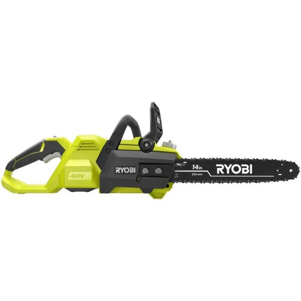 40V Brushless 14 in. Cordless Battery Chainsaw with 4.0 Ah Battery and Charger Ryobi If you've wondered whether a cordless chainsaw could perform as well as gas, Ryobi has your answer. The 14 in. 40V Brushless Chainsaw includes features to make your cutting experiences just as efficient as a gas unit, With the convenience of battery powered operation. With a 4.0 Ah 40V lithium-ion battery and a brushless motor, this saw delivers the fast cutting speed and higher torque you would expect from a gas model. With features like side access chain tensioning, an adjustable automatic oiler, and on-board tool storage, You'll experience easy, comfortable operation for any clearing jobs. As part of the Ryobi 40V system, it is compatible with all 40V batteries and chargers. Best of all, the Ryobi 40V Brushless chainsaw is backed by 5-year warranty - The type of coverage usually found only with professional gas models. With all these gas-like features and power, you can trust your job to Ryobi.