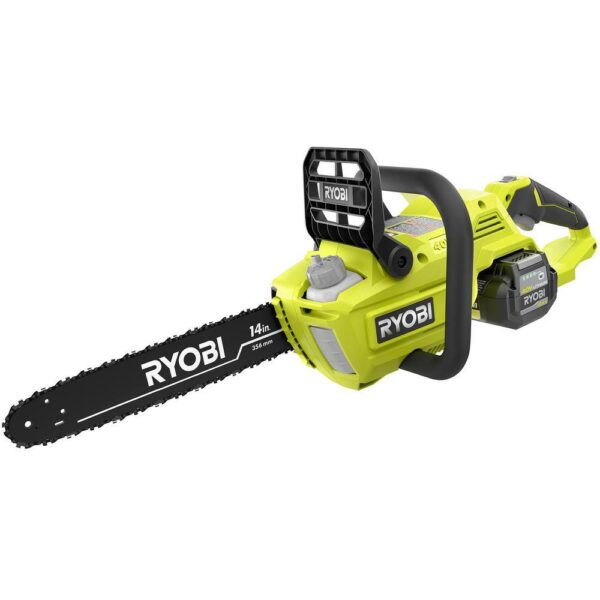 40V Brushless 14 in. Cordless Battery Chainsaw with 4.0 Ah Battery and Charger Ryobi If you've wondered whether a cordless chainsaw could perform as well as gas, Ryobi has your answer. The 14 in. 40V Brushless Chainsaw includes features to make your cutting experiences just as efficient as a gas unit, With the convenience of battery powered operation. With a 4.0 Ah 40V lithium-ion battery and a brushless motor, this saw delivers the fast cutting speed and higher torque you would expect from a gas model. With features like side access chain tensioning, an adjustable automatic oiler, and on-board tool storage, You'll experience easy, comfortable operation for any clearing jobs. As part of the Ryobi 40V system, it is compatible with all 40V batteries and chargers. Best of all, the Ryobi 40V Brushless chainsaw is backed by 5-year warranty - The type of coverage usually found only with professional gas models. With all these gas-like features and power, you can trust your job to Ryobi.