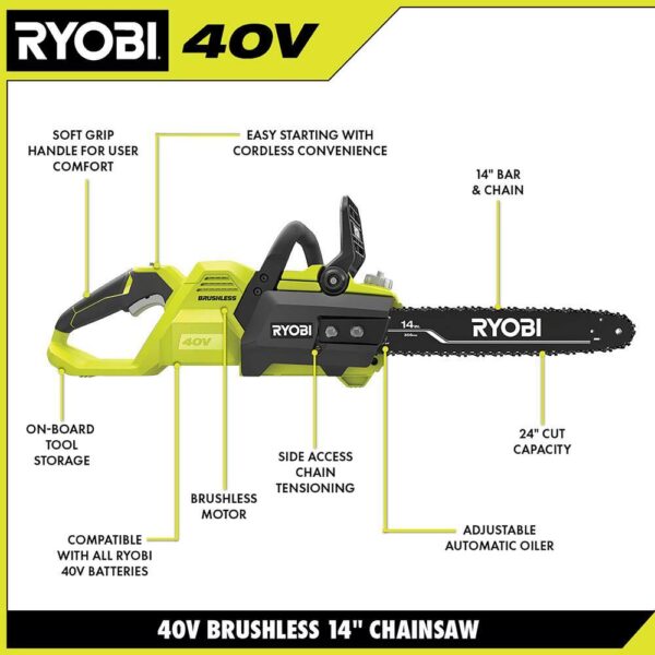 40V Brushless 14 in. Cordless Battery Chainsaw with 4.0 Ah Battery and Charger Ryobi If you've wondered whether a cordless chainsaw could perform as well as gas, Ryobi has your answer. The 14 in. 40V Brushless Chainsaw includes features to make your cutting experiences just as efficient as a gas unit, With the convenience of battery powered operation. With a 4.0 Ah 40V lithium-ion battery and a brushless motor, this saw delivers the fast cutting speed and higher torque you would expect from a gas model. With features like side access chain tensioning, an adjustable automatic oiler, and on-board tool storage, You'll experience easy, comfortable operation for any clearing jobs. As part of the Ryobi 40V system, it is compatible with all 40V batteries and chargers. Best of all, the Ryobi 40V Brushless chainsaw is backed by 5-year warranty - The type of coverage usually found only with professional gas models. With all these gas-like features and power, you can trust your job to Ryobi.