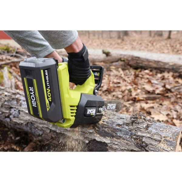 40V HP Brushless 12 in. Top Handle Cordless Battery Chainsaw with 4.0 Battery and Charger RYOBI The 40V 12 in. HP Cordless Top Handle Chainsaw provides gas performance with cordless convenience. With just the pull of a trigger, the 40V HP technology paired with a brushless motor delivers 4X faster cutting, along with longer runtime and motor life. The unique top handle design provides increased user control. With a 10 in. cut capacity, adjustable automatic oiler, side access chain tensioning, and on-board tool storage, this chainsaw will get the job done. The heavy-duty deluxe carrying case allows for easy transportation. Not only does it come with a RYOBI 4Ah lithium-ion battery, but also a RYOBI 40V Quick Charger for 2X faster charging. As part of the RYOBI 40V system, it is compatible with all 40V batteries. Best of all, the RYOBI 40V 12 in. HP Cordless Top Handle Chainsaw is backed by a 5-year warranty. Gas performance, cordless convenience 40V HP technology delivers 4X faster cutting Unique top handle design for increased user control 12 in. bar and chain for 10 in. cut capacity Adjustable automatic oiler for consistent chain lubrication Side access chain tensioning and on-board tool storage for easy adjustments Heavy-duty deluxe carrying case for transportation Includes RYOBI 40V 4 Ah lithium-ion battery Includes RYOBI 40V quick charger for 2X faster charging Works with all RYOBI 40V lithium-ion batteries 5-year tool warranty, 3-year battery warranty