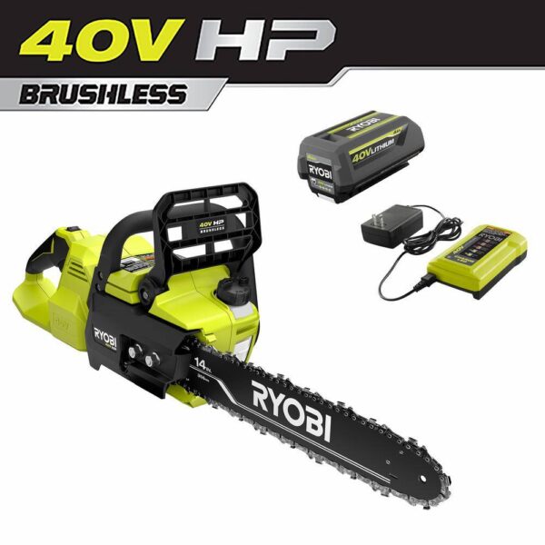 40V HP Brushless 14 in. Electric Cordless Chainsaw with 4.0 Ah Battery and Charger RYOBI The 40V HP 14in Cordless Chainsaw includes features to make your cutting experiences more efficient than a gas unit, With the convenience of battery powered operation. With the pull of a trigger, the 40V HP technology paired with a brushless motor delivers 15% more power, Along with longer runtime and motor life. With a 24" cut capacity, adjustable automatic oiler, side access chain tensioning, and on-board tool storage, You'll experience easy, comfortable operation for any clearing jobs. As part of the Ryobi 40V system, it is compatible with all 40V batteries. Best of all, the Ryobi 40V 14" HP Cordless Chainsaw is backed by 5-year warranty.