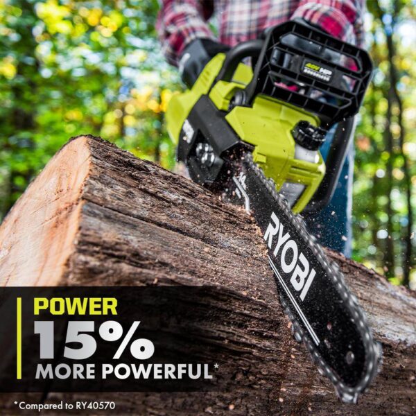 40V HP Brushless 14 in. Electric Cordless Chainsaw with 4.0 Ah Battery and Charger RYOBI The 40V HP 14in Cordless Chainsaw includes features to make your cutting experiences more efficient than a gas unit, With the convenience of battery powered operation. With the pull of a trigger, the 40V HP technology paired with a brushless motor delivers 15% more power, Along with longer runtime and motor life. With a 24" cut capacity, adjustable automatic oiler, side access chain tensioning, and on-board tool storage, You'll experience easy, comfortable operation for any clearing jobs. As part of the Ryobi 40V system, it is compatible with all 40V batteries. Best of all, the Ryobi 40V 14" HP Cordless Chainsaw is backed by 5-year warranty.