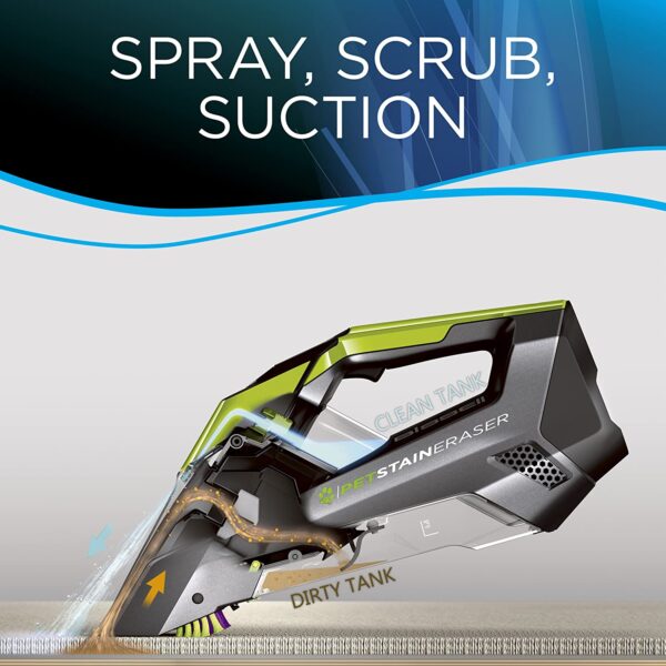 Pet Stain Cleaner Bissell Pet Stain Eraser Cordless Portable Carpet Cleaner Tank capacity - 8 ounces. Buy Bissell, save pets. Up to $10 donated to the Bissell pet foundation for every pet product purchase Spray, scrub, and suction to remove pet stains and messes from carpet, upholstery, stairs, area rugs, auto interiors, and more Grab-and-go cordless convenience; enjoy the freedom of a lithium-powered, handheld carpet cleaner that lifts away stains using formula and powerful suction Ready-to-use formula-no mixing with water. Formula conveniently stores in the machine so it's always ready for use. Power rating: 7.2 Volt Instantly and permanently removes stains like urine, feces, vomit, dirt, mud, blood, grass, tomato sauce, read wine, makeup, food grease, vegetable oils, coffee, cola, motor oils, and more