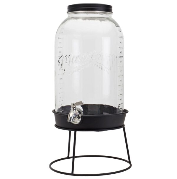 Mason Craft & More 11-Liter Glass Drink Dispenser with Metal Rack This 2.9 gallon Glass Drink Dispenser from Mason Craft & More delivers convenience and vintage style to your kitchen, whether you're serving fresh lemonade or homemade sangrias. Practical and easy to use, this drink dispenser includes a screw-top lid and wide mouth for simple filling with a leakproof, stainless-steel spigot. Glass is BPA-free, stain and odor-resistant Leakproof, stainless-steel spigot is easy to use and built to last Tight-fitting, screw-top lid keeps dust out and allows for quick refilling Adds vintage charm or modern farmhouse style to your kitchen design Ideal for showing off colorful drink creations at parties, serving water or lemonade in the backyard Vintage embossed design features the classic Mason Craft and More logo