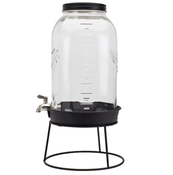 Mason Craft & More 11-Liter Glass Drink Dispenser with Metal Rack This 2.9 gallon Glass Drink Dispenser from Mason Craft & More delivers convenience and vintage style to your kitchen, whether you're serving fresh lemonade or homemade sangrias. Practical and easy to use, this drink dispenser includes a screw-top lid and wide mouth for simple filling with a leakproof, stainless-steel spigot. Glass is BPA-free, stain and odor-resistant Leakproof, stainless-steel spigot is easy to use and built to last Tight-fitting, screw-top lid keeps dust out and allows for quick refilling Adds vintage charm or modern farmhouse style to your kitchen design Ideal for showing off colorful drink creations at parties, serving water or lemonade in the backyard Vintage embossed design features the classic Mason Craft and More logo