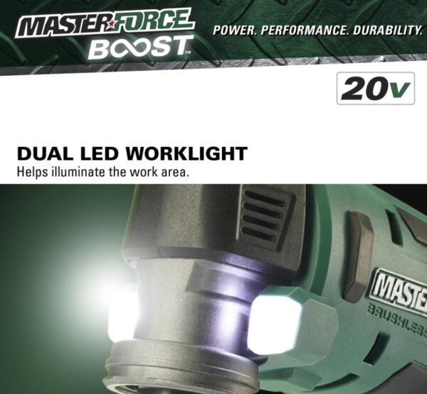 Masterforce BOOST® 20-Volt Brushless Cordless Oscillating Multi-Tool Kit This Masterforce BOOST® oscillating tool offers power and performance for all jobs at home or on the jobsite. The tool features a tool-free accessory change system and an LED light. The variable speed offers the user great control with various materials while the soft grip handle and slim design provide extra comfort. The included 20-volt lithium-ion 2.5Ah battery will power all Masterforce BOOST® and Masterforce® FlexPower® cordless power tools. Masterforce BOOST® batteries have a four-LED battery status indicator to allow the user to quickly check battery charge status, and they will work in extreme temperatures as low as -4°F. The FlexPower® charger will charge all Masterforce BOOST® and Masterforce® FlexPower® 20-volt lithium-ion batteries. If it says FlexPower® it works! Masterforce BOOST® technology delivers the next level of cordless tool performance. When a BOOST tool is used with a BOOST battery they communicate and adjust together for maximum performance. Includes: Oscillating multi-tool, (1) high carbon steel wood plunge-cut blade, (1) 2.5Ah BOOST battery, and 45 watt charger Masterforce BOOST® technology delivers the next level of cordless tool performance - when a BOOST tool is used with a BOOST battery they communicate and adjust together for maximum performance Reduced vibration system provides best-in-class vibration, reducing user fatigue with up to 75% less vibration than the competition Variable speed motor operates at 11,000 to 18,000 OPM 1.8° left and right oscillation angle Tool-free accessory changes Universal clamp interface is compatible with most accessories in the market LED light is positioned to illuminate the work area FlexPower® 2.5Ah lithium-ion battery (252-8003) is compatible with all Masterforce BOOST® and Masterforce® FlexPower® battery chargers: 252-8025, 252-8026, and 252-8037 FlexPower® battery charger (252-8025) charges all Masterforce BOOST® and Masterforce® FlexPower® battery packs: 252-8003, 252-8005, 252-8007, 252-8027, 252-8029, 252-8030, 252-8031, 252-8034, and 252-8035