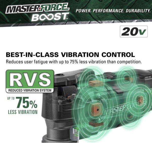 Masterforce BOOST® 20-Volt Brushless Cordless Oscillating Multi-Tool Kit This Masterforce BOOST® oscillating tool offers power and performance for all jobs at home or on the jobsite. The tool features a tool-free accessory change system and an LED light. The variable speed offers the user great control with various materials while the soft grip handle and slim design provide extra comfort. The included 20-volt lithium-ion 2.5Ah battery will power all Masterforce BOOST® and Masterforce® FlexPower® cordless power tools. Masterforce BOOST® batteries have a four-LED battery status indicator to allow the user to quickly check battery charge status, and they will work in extreme temperatures as low as -4°F. The FlexPower® charger will charge all Masterforce BOOST® and Masterforce® FlexPower® 20-volt lithium-ion batteries. If it says FlexPower® it works! Masterforce BOOST® technology delivers the next level of cordless tool performance. When a BOOST tool is used with a BOOST battery they communicate and adjust together for maximum performance. Includes: Oscillating multi-tool, (1) high carbon steel wood plunge-cut blade, (1) 2.5Ah BOOST battery, and 45 watt charger Masterforce BOOST® technology delivers the next level of cordless tool performance - when a BOOST tool is used with a BOOST battery they communicate and adjust together for maximum performance Reduced vibration system provides best-in-class vibration, reducing user fatigue with up to 75% less vibration than the competition Variable speed motor operates at 11,000 to 18,000 OPM 1.8° left and right oscillation angle Tool-free accessory changes Universal clamp interface is compatible with most accessories in the market LED light is positioned to illuminate the work area FlexPower® 2.5Ah lithium-ion battery (252-8003) is compatible with all Masterforce BOOST® and Masterforce® FlexPower® battery chargers: 252-8025, 252-8026, and 252-8037 FlexPower® battery charger (252-8025) charges all Masterforce BOOST® and Masterforce® FlexPower® battery packs: 252-8003, 252-8005, 252-8007, 252-8027, 252-8029, 252-8030, 252-8031, 252-8034, and 252-8035