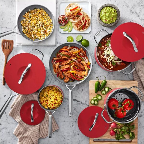 Ceramic Cookware Set Red 11-Piece Red Member's Mark Superior Nonstick Cookware Unlike traditional nonstick cookware, this set of pots and pans features ceramic nonstick interiors made without harmful chemicals like PTFE, PFOS or PFOA. Now you can enjoy superior nonstick performance with high release and easy cleaning after every meal. The impact-bonded honeycomb base makes this set safe for all stovetops, including induction. Plus, these pans are oven safe up to 450°F—talk about versatile! Nonstick Cooking with Less Oil and Butter The nonstick interiors of this cookware require little oil or butter while you're cooking for healthier meals that don't stick to the pans. The heavy-gauge aluminum construction delivers even heat distribution and long-lasting durability for years of cooking. Even Heating and Enhanced Flavor The specially designed cast aluminum lids have a curved shape for self-moistening circulation during cooking that protects food from drying out. The unique design gently cooks your dishes and enhances the flavors of the food during cooking. Care and Storage Dishwasher safe, though handwashing is recommended to extend the life of your cookware Pots, pans and lids are oven-safe to 450°F (232°C) Suitable for use on all cooktops, including induction To extend the life of your cookware, cook only on low to medium heat; never on extremely high heat as it can ruin the nonstick interiors