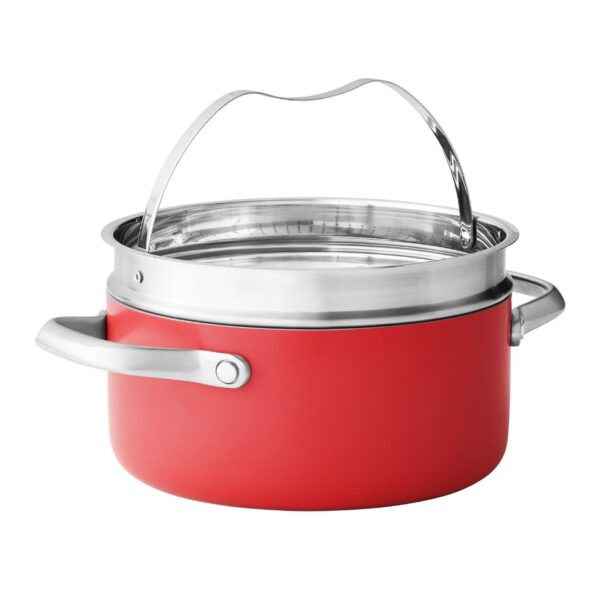 Ceramic Cookware Set Red 11-Piece Red Member's Mark Superior Nonstick Cookware Unlike traditional nonstick cookware, this set of pots and pans features ceramic nonstick interiors made without harmful chemicals like PTFE, PFOS or PFOA. Now you can enjoy superior nonstick performance with high release and easy cleaning after every meal. The impact-bonded honeycomb base makes this set safe for all stovetops, including induction. Plus, these pans are oven safe up to 450°F—talk about versatile! Nonstick Cooking with Less Oil and Butter The nonstick interiors of this cookware require little oil or butter while you're cooking for healthier meals that don't stick to the pans. The heavy-gauge aluminum construction delivers even heat distribution and long-lasting durability for years of cooking. Even Heating and Enhanced Flavor The specially designed cast aluminum lids have a curved shape for self-moistening circulation during cooking that protects food from drying out. The unique design gently cooks your dishes and enhances the flavors of the food during cooking. Care and Storage Dishwasher safe, though handwashing is recommended to extend the life of your cookware Pots, pans and lids are oven-safe to 450°F (232°C) Suitable for use on all cooktops, including induction To extend the life of your cookware, cook only on low to medium heat; never on extremely high heat as it can ruin the nonstick interiors