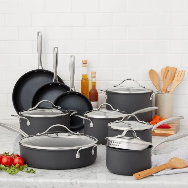 Hard Anodized Aluminum Cookware Member's Mark 15-Piece Hard Anodized Aluminum Cookware Set Suitable for use on gas, electric and ceramic glass stovetops (not induction compatible) Nonstick interior, hard-anodized aluminum exterior, stainless-steel handles Tempered glass lids; straining and pour spouts (on saucepan lids) Premium, long-lasting PFOA-free Teflon Platinum nonstick coating Dishwasher safe; hand wash recommended Oven safe up to 450°F (232°C) without lids; up to 350°F (176°C) with lids