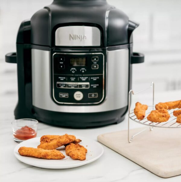 Ninja Foodi 10-in-1, 8 Quart XL Pressure Cooker Air Fryer Multicooker, Stainless, OS405 The XL Pressure Cooker That Crisps™ Features TenderCrisp™ Technology 8-quart pressure cooker with 10 programmable cooking functions Cooking pot and basket are nonstick and dishwasher safe XL Capacity: Fit up to a 7-lb. chicken The best of pressure cooking and air frying all in one XL pot. The Ninja® Foodi® 10-in-1 XL Pressure Cooker features TenderCrisp™ Technology to quickly pressure cook to lock in moisture and finish with a crisp. 10-in-1 versatility lets you cook endless meal options. XL 8-quart cooking pot holds a 7-lb. chicken and the Cook & Crisp™ Basket holds up to 4 lbs. of your guilt-free fried food favorites.