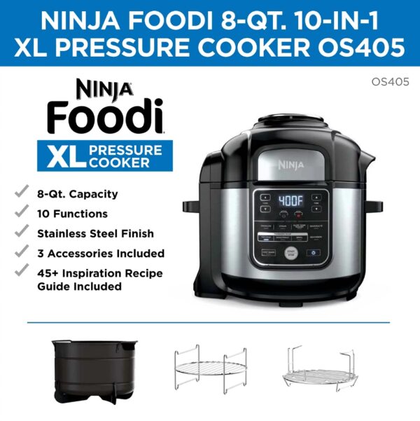 Ninja Foodi 10-in-1, 8 Quart XL Pressure Cooker Air Fryer Multicooker, Stainless, OS405 The XL Pressure Cooker That Crisps™ Features TenderCrisp™ Technology 8-quart pressure cooker with 10 programmable cooking functions Cooking pot and basket are nonstick and dishwasher safe XL Capacity: Fit up to a 7-lb. chicken The best of pressure cooking and air frying all in one XL pot. The Ninja® Foodi® 10-in-1 XL Pressure Cooker features TenderCrisp™ Technology to quickly pressure cook to lock in moisture and finish with a crisp. 10-in-1 versatility lets you cook endless meal options. XL 8-quart cooking pot holds a 7-lb. chicken and the Cook & Crisp™ Basket holds up to 4 lbs. of your guilt-free fried food favorites.