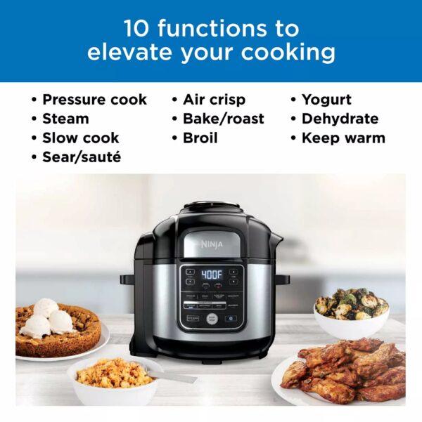 Ninja Foodi 10-in-1, 8 Quart XL Pressure Cooker Air Fryer Multicooker, Stainless, OS405 The XL Pressure Cooker That Crisps™ Features TenderCrisp™ Technology 8-quart pressure cooker with 10 programmable cooking functions Cooking pot and basket are nonstick and dishwasher safe XL Capacity: Fit up to a 7-lb. chicken The best of pressure cooking and air frying all in one XL pot. The Ninja® Foodi® 10-in-1 XL Pressure Cooker features TenderCrisp™ Technology to quickly pressure cook to lock in moisture and finish with a crisp. 10-in-1 versatility lets you cook endless meal options. XL 8-quart cooking pot holds a 7-lb. chicken and the Cook & Crisp™ Basket holds up to 4 lbs. of your guilt-free fried food favorites.