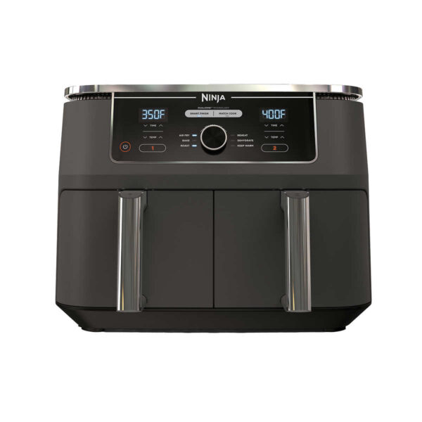 Ninja Foodi Air Fryer with DualZone Technology 6-in-1 10-qt. The Ninja® Foodi® 6-in-1 10-qt. XL 2-Basket Air Fryer with DualZone™ Technology and IQ Boost. This XL 10-qt. air fryer has 2 independent baskets that lets you cook 2 foods at once, no back-to-back cooking like a traditional single-basket air fryer. Ninja Foodi Air Fryer Product Features: The XL air fryer with 2 independent baskets that lets you cook 2 foods, 2 ways, at the same time, not back-to-back like a traditional single-basket air fryer. DualZone™ Technology includes the Smart Finish feature for cooking 2 foods 2 ways that finish at the same time, and the Match Cook feature, which easily copies settings across zones for full 10-qt. capacity. IQ Boost optimally distributes power across each basket to cook a 6-lb. whole chicken and side as quickly as possible when Match Cook or Smart Finish is not selected. 6 versatile cooking programs: Air Fry, Keep Warm, Roast, Bake, Reheat, and Dehydrate. XL 10-qt. capacity and 2 baskets, you can whip up a main and a side at the same time for quick large family meals, or up to 8 lbs. of chicken wings. 2 independent 5-qt. zones have their own cooking baskets, cyclonic fans, and rapid heaters. Easy-to-clean baskets and dishwasher-safe crisper plates. Wide temperature range: 105°F–400°F. Up to 75% less fat than traditional air frying methods. *Tested against hand-cut, deep fried French fries Cooks two 6-lb. chickens up to 30% faster than a traditional oven. Accessories Included: 1690-watt main unit with 6 programmable cooking functions Two 5-qt cooking baskets for 10-qt capacity 2 nonstick crisper plates 15 chef-inspired recipes & cooking charts Dimensions & More: Type of material: Plastic LxWxH: 17” Lx 13.9” x 13” Weight: 19.75 Lbs 1690-Watts, 120-Volts