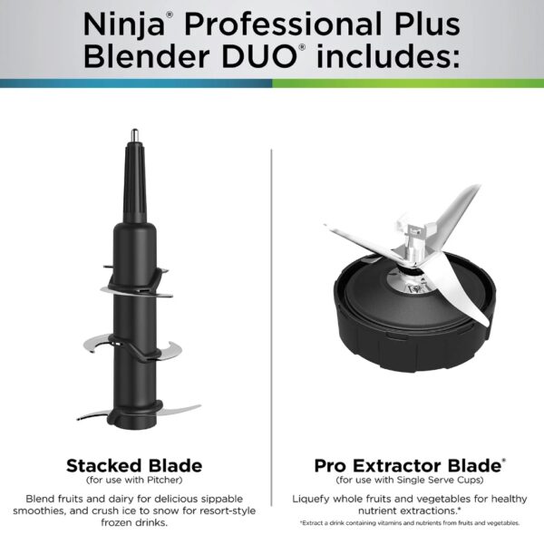 Ninja Professional Plus Blender DUO with Auto-iQ The Ninja® Professional Plus Blender DUO® with Auto-iQ® features a new modern design and a more powerful motor than Ninja's original Professional Blender DUO.** Ninja Total Crushing® Blades and Pro Extractor Blades® Assembly give you perfectly crushed ice for your smoothies, frozen drinks, and nutrient extractions***. The 72-oz.Total Crushing Pitcher is great for making large batches for the whole family* with 1400 peak watts of professional power. Plus, its single-serve cups with spout lids make it easy to take delicious, nutrient-rich smoothies on the go. Auto-iQ Technology provides preset programs that do the work for you, no guesswork required. The Ninja® Professional Plus Blender DUO® with Auto-iQ® features a new modern design and a more powerful motor than Ninja's original Professional Blender DUO** Ninja® Total Crushing® Blades give you perfectly crushed ice for your smoothies and frozen drinks with 1400 peak watts of professional power The 72 oz.* Total Crushing® pitcher is great for making large batches for the whole family The single-serve cups with spout lids make it easy to take delicious, nutrient-rich smoothies on the go 3 preset Auto-iQ® programs allow you to create smoothies, frozen drinks, and nutrient extractions***, all at the touch of a button *64 oz. max liquid capacity **Versus BL621, based on operating wattage ***Extract a drink containing vitamins and nutrients from fruits and vegetables