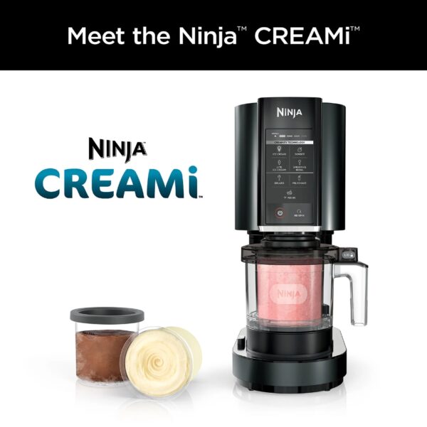 Ninja™ CREAMi™, Ice Cream, Milkshake, Sorbet, and Lite Ice Cream Maker, 7 One-Touch Programs The Ninja™ CREAMi™ Ice Cream Maker transforms frozen solid bases into ice cream, sorbets, milkshakes, and more at the touch of a button. Ninja’s Creamify technology enables the CREAMi™ to break down a uniformly frozen block into an incredibly smooth, creamy texture in minutes. From healthy to indulgent, the Ninja™ CREAMi™ can create frozen treats as unique as you are! Customize flavor, texture, and ingredients to create personalized treats. Enjoy thick, drinkable milkshakes with custom ingredients Mix in your favorite chocolate, nuts, candy, and more Go beyond dessert and enjoy spoon-thick smoothie bowls for a delicious and nutritious treat Compact design that fits under most cabinets Select Re-spin for a softer and creamier treat. Turn almost anything into ice cream, sorbet, and more. Create completely customizable, low sugar treats. Incorporate mix-ins to personalize any CREAMi treat. Simply prep your base, freeze overnight, process, and enjoy! Containers, lids, and paddle are top-rack dishwasher safe.