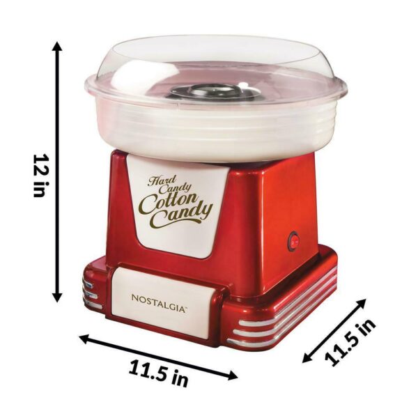 Nostalgia Retro Red Cotton Candy Machine with 2 Cotton Candy Cones Works with hard candy, sugar-free hard candy or flossing sugar Clear rim guard allows for easy viewing Includes 2-reusable cones, 1-sugar scoop and 1-extractor head Unit disassembles for easy cleaning Suction cup feet for stability