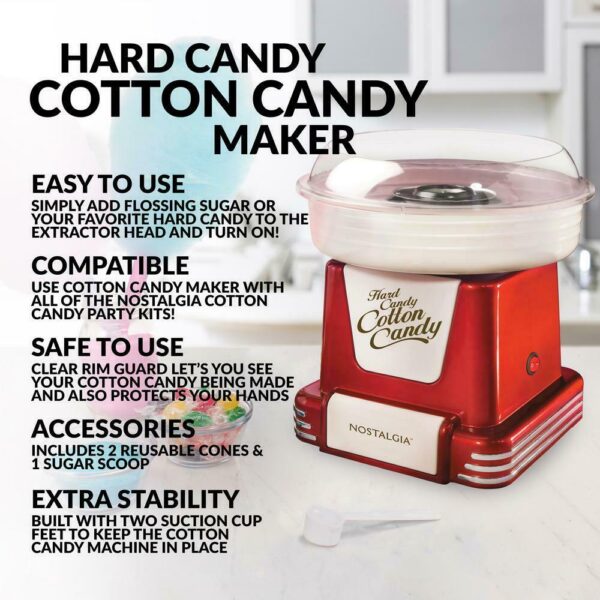 Nostalgia Retro Red Cotton Candy Machine with 2 Cotton Candy Cones Works with hard candy, sugar-free hard candy or flossing sugar Clear rim guard allows for easy viewing Includes 2-reusable cones, 1-sugar scoop and 1-extractor head Unit disassembles for easy cleaning Suction cup feet for stability