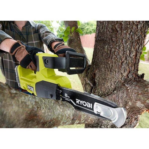 ONE+ 18V 8 in. Cordless Battery Pole Saw and 8 in. Pruning Saw Combo Kit with 2.0 Ah Battery and Charger RYOBI This oil-free combo kit including the RYOBI 18V ONE+ 8" Cordless Pole Saw and RYOBI 18V ONE+ 8" Cordless Pruning Chainsaw can help you tackle your outdoor cutting jobs without the hassle of oil. Both tools are equipped with an 8" bar and chain ideal for pruning and limbing around your yard. The pole saw extends up to 9.5', has an angled cutting head, an in-line motor, and a full complement chain giving you faster and more precise cuts for those harder to reach areas. The pruning chainsaw is compact and lightweight which reduces fatigue and has a full complement chain for faster cutting. For easy adjustments, both tools have side access chain tensioning along with on-board tool storage. This combo kit is equipped with an 18V 2.0Ah lithium-ion battery and 18V charger. The RYOBI 18V ONE+ 8" Cordless Pole Saw, the RYOBI 18V ONE+ 8" Cordless Pruning Chainsaw, the 2.0Ah battery, and the charger are compatible with all RYOBI 18V ONE+ products. These tools and battery are backed by a 3-year warranty. Oil-free design for hassle free cutting Ideal for pruning & limbing Pole Saw: Extends up to 9.5' for longer reach Pole Saw: Angled cutting head for better cut control Pole Saw: In-line motor for precise cuts Pole Saw: Full complement chain for faster cutting Pruning Chainsaw: Compact & lightweight design Pruning Chainsaw: Install SAFE-T-TIP prior to use for safe operation Side access chain tensioning for easy adjustments On-board tool storage Includes a RYOBI 18V 2.0Ah lithium-ion battery Includes RYOBI 18V charger Compatible with all RYOBI 18V ONE+ products 3-year tool and battery warranty