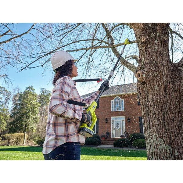 ONE+ 18V 8 in. Cordless Battery Pole Saw and 8 in. Pruning Saw Combo Kit with 2.0 Ah Battery and Charger RYOBI This oil-free combo kit including the RYOBI 18V ONE+ 8" Cordless Pole Saw and RYOBI 18V ONE+ 8" Cordless Pruning Chainsaw can help you tackle your outdoor cutting jobs without the hassle of oil. Both tools are equipped with an 8" bar and chain ideal for pruning and limbing around your yard. The pole saw extends up to 9.5', has an angled cutting head, an in-line motor, and a full complement chain giving you faster and more precise cuts for those harder to reach areas. The pruning chainsaw is compact and lightweight which reduces fatigue and has a full complement chain for faster cutting. For easy adjustments, both tools have side access chain tensioning along with on-board tool storage. This combo kit is equipped with an 18V 2.0Ah lithium-ion battery and 18V charger. The RYOBI 18V ONE+ 8" Cordless Pole Saw, the RYOBI 18V ONE+ 8" Cordless Pruning Chainsaw, the 2.0Ah battery, and the charger are compatible with all RYOBI 18V ONE+ products. These tools and battery are backed by a 3-year warranty. Oil-free design for hassle free cutting Ideal for pruning & limbing Pole Saw: Extends up to 9.5' for longer reach Pole Saw: Angled cutting head for better cut control Pole Saw: In-line motor for precise cuts Pole Saw: Full complement chain for faster cutting Pruning Chainsaw: Compact & lightweight design Pruning Chainsaw: Install SAFE-T-TIP prior to use for safe operation Side access chain tensioning for easy adjustments On-board tool storage Includes a RYOBI 18V 2.0Ah lithium-ion battery Includes RYOBI 18V charger Compatible with all RYOBI 18V ONE+ products 3-year tool and battery warranty